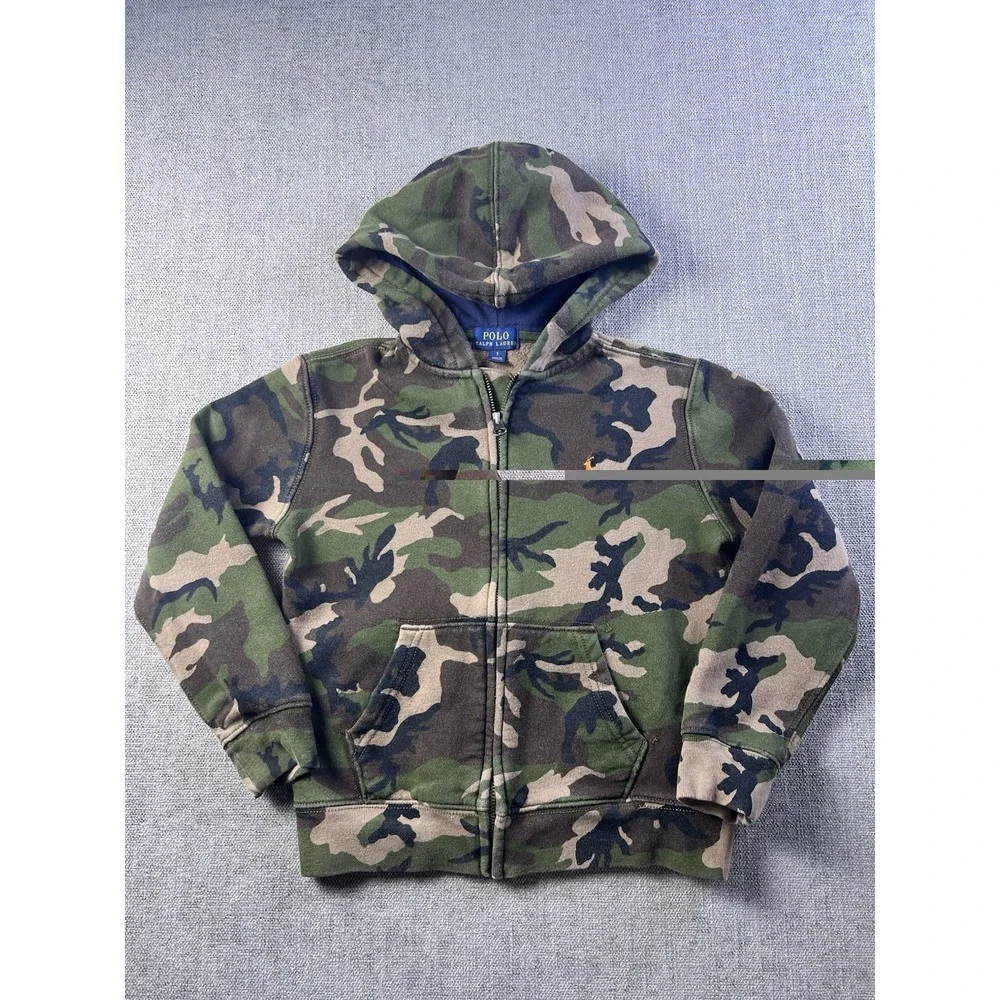 Polo Ralph Lauren Jacket Youth 7 Boys Camouflage Full Zip Hooded Pockets Preppy
